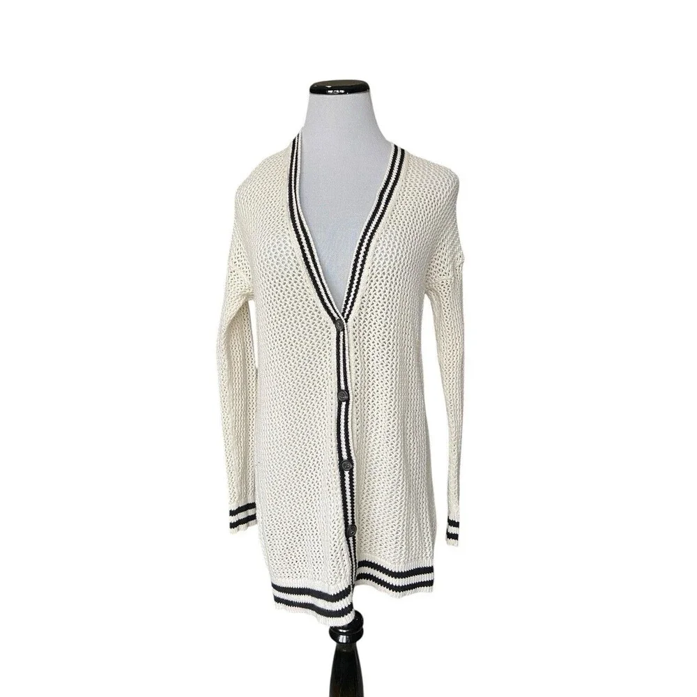 American Eagle Women Y2K Varsity Cardigan Size S Cream Open Knit Preppy Longline